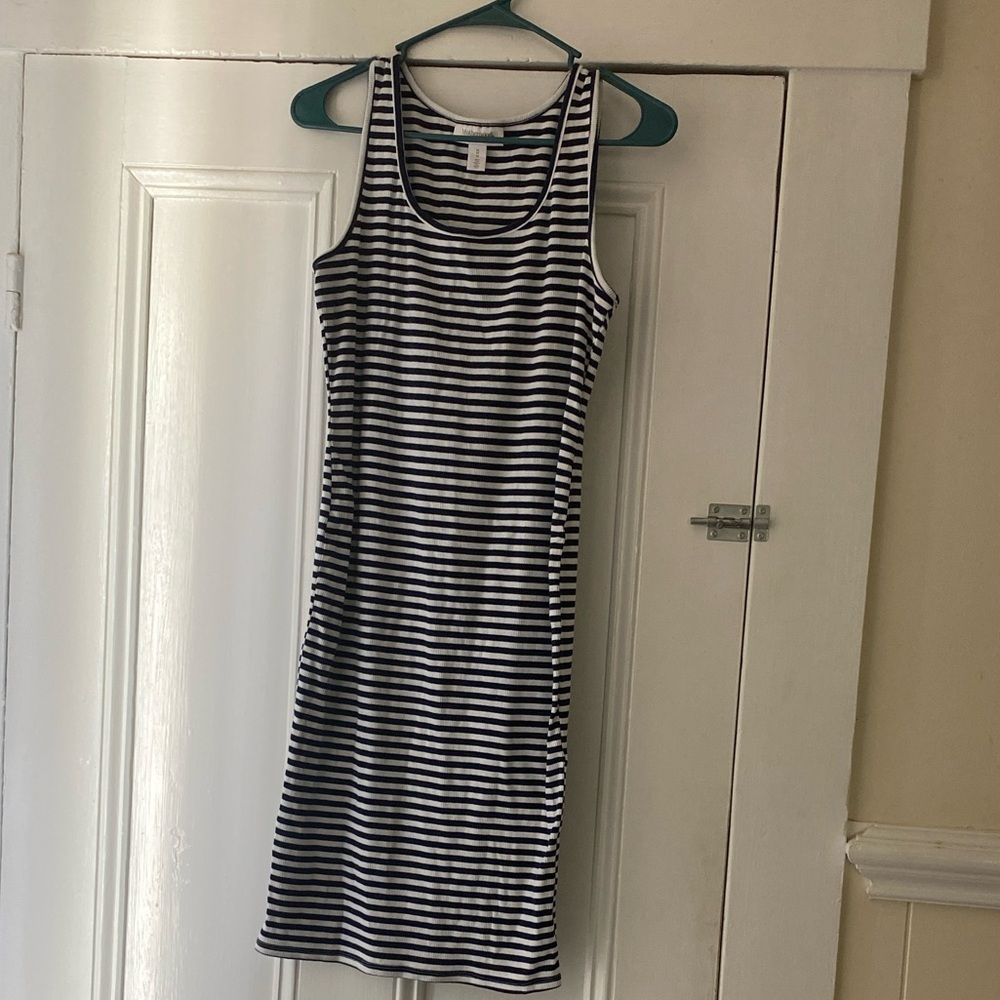 Motherhood Maternity Navy and White Striped Midi Dress